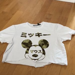 Mickey Mouse Camo Print Raw Hem Cropped Tee